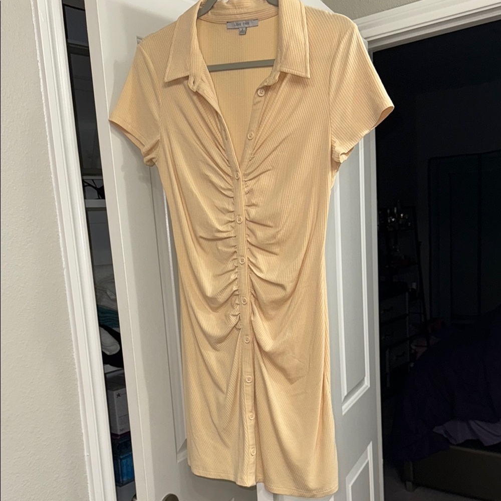 Cream Ruched Button-Down Dress